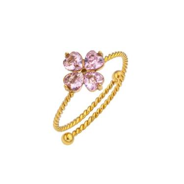 Imagem de Dtja CZ Anel de compromisso de casamento com quatro folhas de trevo de quatro folhas, banhado a ouro, flor de trevo da sorte, ajustável, empilhável, aberto, anéis elegantes de aniversário, joias de