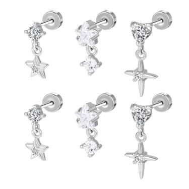 Imagem de AOEDEJ Brincos femininos com costas planas de aço cirúrgico para orelhas sensíveis para vários piercings de concha de 20 g, Aço inoxidável, Zircônica sintética