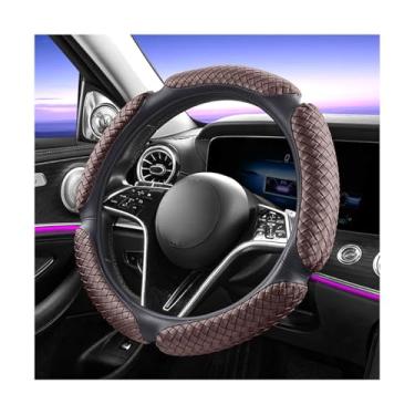 Imagem de Sandfren Capa de volante de carro, protetor de volante de veículo totalmente surround de couro com forro antiderrapante, acessórios de proteção interna automotiva, universal para caminhão SUV RV (café