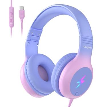 Imagem de Cowyawn Fones de ouvido infantis com luzes LED, USB tipo C, fone de ouvido infantil com microfone, limitador de volume 85/94dB, fones de ouvido USB C com fio para meninos/meninas/escola/tablet/viagem