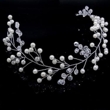 Imagem de Pulseira de cabelo com contas torcidas de cristal pérola acessórios de cabelo de corrente macia (prata)