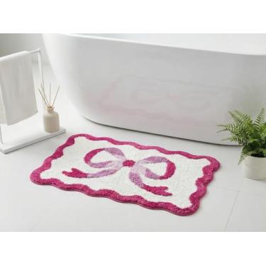 Imagem de Dylrauoza Tapete de banho com laço rosa, 50 cm x 81 cm, tapete de banho recortado para banheiro, lindo tapete de banheiro rosa estético, antiderrapante, absorvente de água, lavável na máquina, tapete