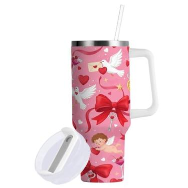 Imagem de ATTX Caneca de viagem de aço inoxidável isolada à vácuo para o Dia dos Namorados de 850 g com alça - Caneca de café à prova de vazamento com canudo #345