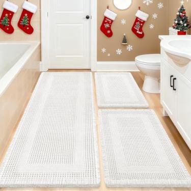 Imagem de IM HOME Conjunto de 3 peças de tapete de banho, tecido boêmio, moderno, absorvente, antiderrapante, macio, lavável na máquina, tapetes de banho de malha com borlas para banheiro, quarto, cozinha