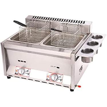 Imagem de Fritadeira A Gás 12L Fritadeira De Aço Inoxidável Com Janela De Visualização, Fritadeira De Chip Duplo De Grande Capacidade Com 2 Cestos E Tampas Para Chips De Donuts, Limpeza Fácil 12 Litros,Plea