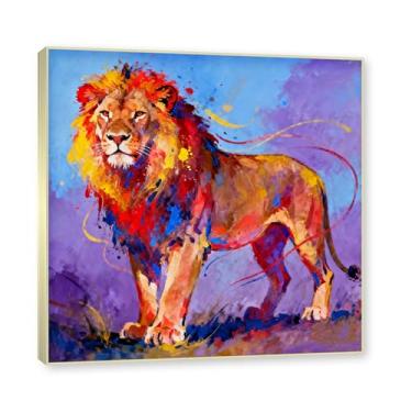 Imagem de NHLDZYH Moldura dourada. Quadro abstrato de leão - arte moderna com salpicos de cor vibrante - arte de parede energética para casa, escritório ou negócios - tela decorativa. A03. 70 x 70 cm.