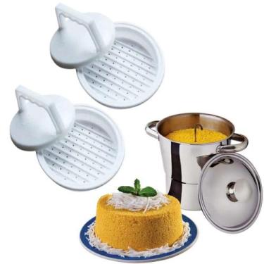 Imagem de Panela Cuscuzeira Inox Família 2,5 Litros e Kit 2 Moldes Carne Hamburg