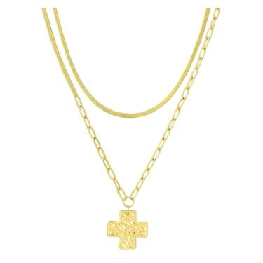 Imagem de Colar Duplo Feminino com Crucifixo | Banhado a Ouro | Corrente Dupla Snake e Elos | Símbolo de Fé e Estilo Moderno