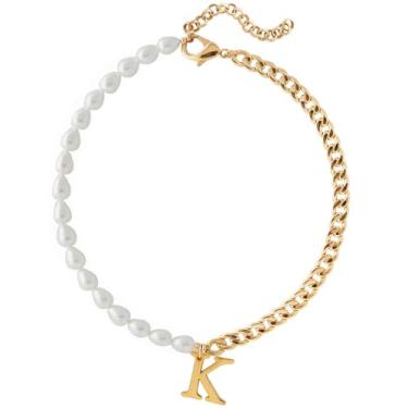 Imagem de Wellike Colar de corrente de meia pérola, meia Cuba, com iniciais, aço inoxidável, PVD, pingente de ouro 18K, gargantilha grossa de ouro com caixa de presente, Standard, Pérola, Pérola de vidro