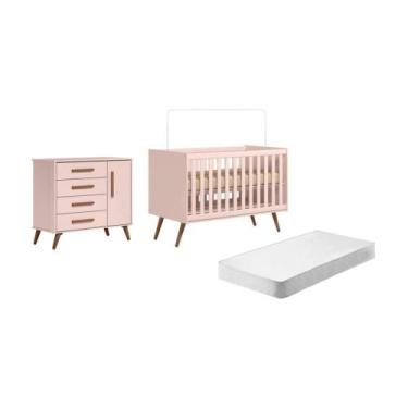 Imagem de Kit Quarto de Bebe Retro Berço e Sapateira Marbella Rosa com Colchao -