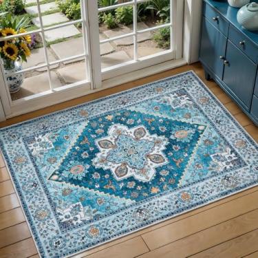 Imagem de Tangsoo Tapete lavável azul 2x3 para entrada, tapete vintage antiderrapante para pequena área, tapete para porta da frente interna, tapete pequeno com estampa, tapetes macios de pelo baixo para