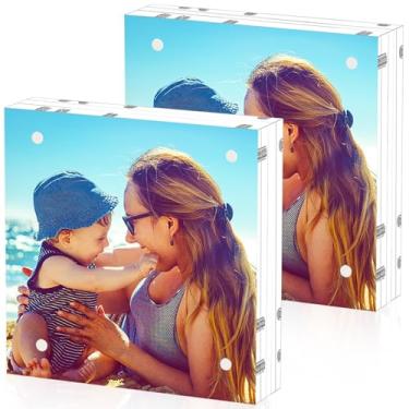 Imagem de HELPLEX Moldura acrílica, pacote com 2 molduras de acrílico de 15 x 15 cm, moldura quadrada transparente sem moldura de 24 mm de espessura, moldura magnética dupla face, suporte de mesa de acrílico