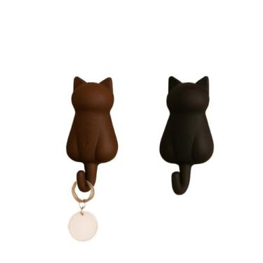 Imagem de Ganchos de Parede em Formato de Gato,Porta Chaves Fofo em PLA(2,Preto + Marrom)
