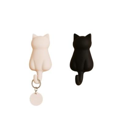 Imagem de Ganchos de Parede em Formato de Gato,Porta Chaves Fofo em PLA(3,Preto + Branco)