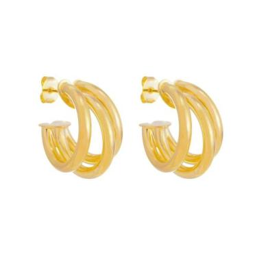 Imagem de Brinco de argola tripla tubo liso enola p folheado a ouro 18k - Piuka,