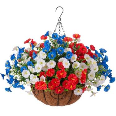 Imagem de Ammyoo Flores artificiais falsas para pendurar com cesta para atividades ao ar livre, flores de petúnias falsas, plantas penduradas com eucalipto, realistas, resistentes a UV para decoração de pátio
