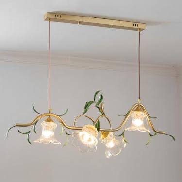 Imagem de Lustre linear moderno, luminárias pendentes criativas de vidro, lustre dourado com cúpula de vidro em formato de flor, luminária para sala de jantar, sala de estar e iluminação para ilha de