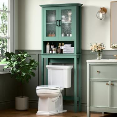 Imagem de Baztin Armário de armazenamento sobre o vaso sanitário, organizador de banheiro com portas de vidro e prateleira ajustável, moldura espessa acima do armário de armazenamento de vaso sanitário atrás do