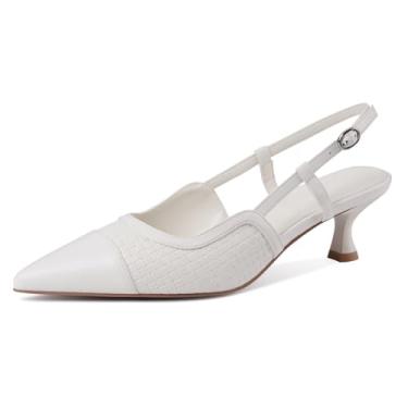 Imagem de Migpuel Salto gatinho de tecido feminino de couro, bico fino, com tira de fivela, salto confortável, para casamento, escritório, sapatos elegantes, Branco_tecido, 37 BR