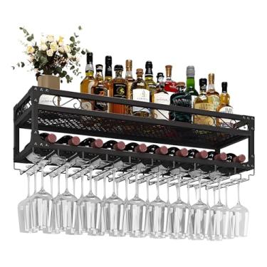 Imagem de Rack de vinho montado na parede de 2 níveis, prateleira de vinho de metal industrial com suporte de vidro, exibição de garrafa de licor flutuante, organizador de armazenamento de bar multifuncional