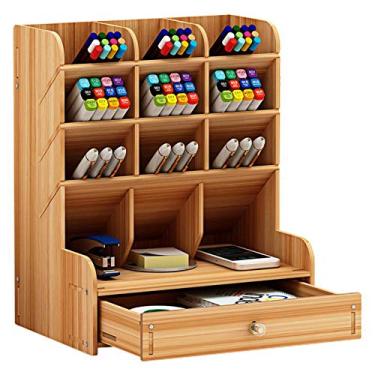 Imagem de LiebeWH Organizador de Mesa de Madeira, Suporte para Material de Escritório Com Gaveta, 12 Compartimentos para Canetas e Lápis, Ideal para Uso Doméstico ou Escolar
