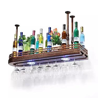 Imagem de Rack de vinho suspenso, barra de teto de metal ajustável, suporte de vidro com suporte de vidro e prateleira, suporte industrial de 2 camadas, suporte de vinho e vidro para bares, restaurantes