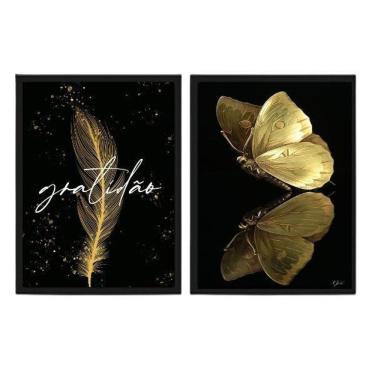 Imagem de Kit 2 Quadros Dourados Gratidão Borboleta 45X34 Vidro Preta