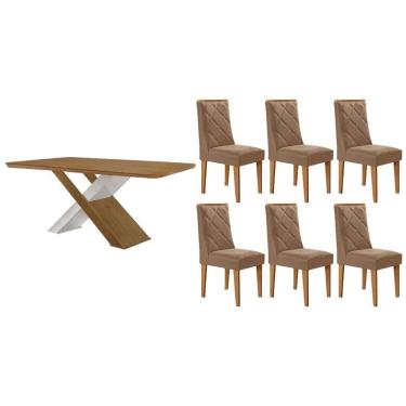 Imagem de Conjunto: Mesa Sala Jantar Imperatriz Curvo 180cm e 6 Cadeiras Pietá Naturale/Off White - Suede Capuccino - Rufato