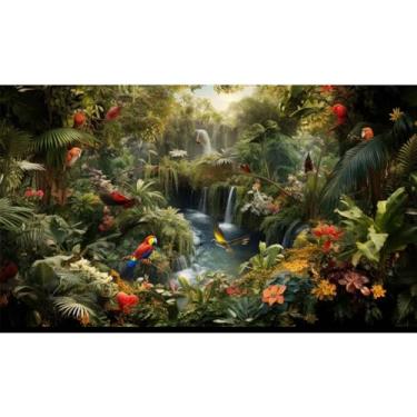 Imagem de Fundo de aquário selva praia lagoa pano de fundo terrário floresta tropical cachoeira palmeiras folhas tanque de peixes fundo pássaros aquário papel de parede vinil 76 x 30 cm