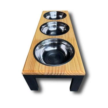 Imagem de Comedouro Elevado Triplo Para Cães e Gatos - Tamanho M Cor:Madeira - R