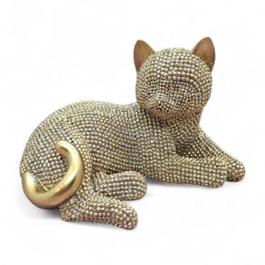 Imagem de Estátua de Gato Deitado em Resina Dourada com Brilho 11 cm