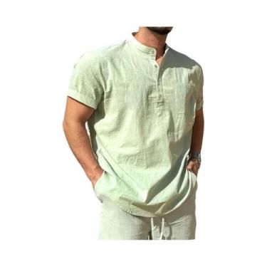 Imagem de Camiseta Masculina Leve De Algodão E Linho Com Gola Henley, Casual De 