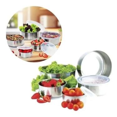 Imagem de Kit com 5 potes de aço inox com tampa de silicone  multiuso, hermético