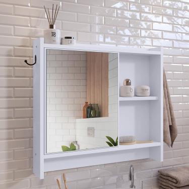 Imagem de Espelheira Genova Armário Suspenso Gancho Prateleira Organizadora Armarinho Banheiro Branco - Lojas RPM