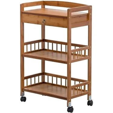 Imagem de Carrinho De Serviço De 3 Camadas Para Armazenamento De Bebidas Carrinho De Rolamento Móvel De Madeira Com Prateleiras De Gaveta Carrinho Com Rodízio Com Trava Fácil De Instalar, Carregar 60 Kg,Mar