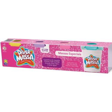 Imagem de Massinhas de Modelar Kit 4 com Glitter para Modelagem Criativa Textura Macia Azul Amarelo Roxo Rosa Divertoys