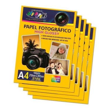 Imagem de Kit Com 5 Pacotes Papel Foto Fotográfico High Glossy 180g A4 210x297mm