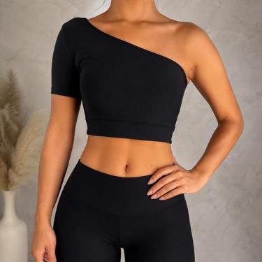 Imagem de Cropped Feminino Um Ombro Só Manga Curta Barra Liso Academia Fitness S