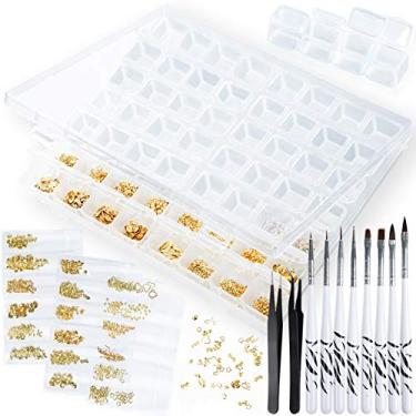 Imagem de FUNSHOWCASE Caixas organizadoras 56 grades com 2 pinças, 8 pincéis de tinta, 18 fatias de metal dourado para arte em resina, fundição de joias, projeto de artesanato, armazenamento de pontas de unhas, suporte de contas
