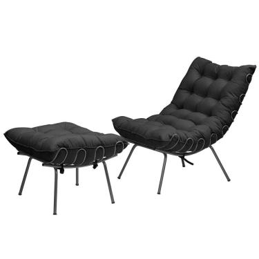 Imagem de Poltrona Costela Adão Ferro Puff Estrutura Preto Para Sala Moderna Decorativa Veludo Preto