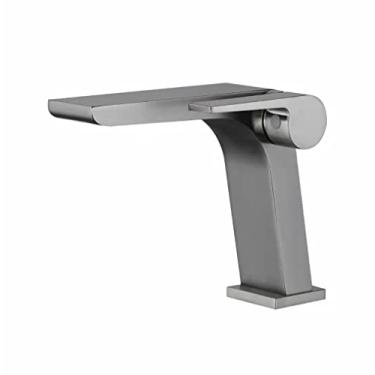 Imagem de Bico Cachoeira Montado em Bancada de Banheiro Cinza Torneira de Lavatório Preto Cromado Torneira de Banheiro Mistura Quente e Frio Buraco Único Guindaste, Cinza Arma