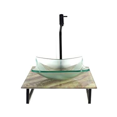 Imagem de KIT CUBA DE VIDRO QUADRADA 10MM INCOLOR COM TAMPO DE VIDRO 40CM X 40CM MÁRMORE MARFIM E SUPORTE PRETO