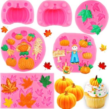 Imagem de 6 peças molde de abóbora 3D outono folha de bordo molde de silicone mini abóbora forma espantalho molde de chocolate halloween moldes de bolo de ação de graças molde de doce fondant para topos de cupcake, moldes de resina para assar, sabonete, moldes de