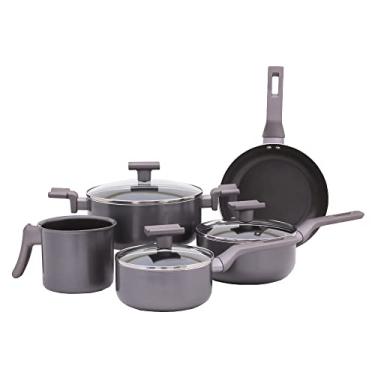 Imagem de Mimo Style Conjunto 5 Panelas Sartin Cook Estrutura em Alumínio Revestida em Cerâmica, Base Alto Relevo. Tampa Vidro Temperado Alças e Cabos Soft-Touch. Fogão a Gás, Elétrico e Vitrocerâmico (Grafite)