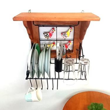 Imagem de Escorredor de louças de parede paneleiro rústico de ferro e madeira super resistente ideal para cozinhas ou áreas gourmet decoradas artesanato rústico (Galinha Caipira)