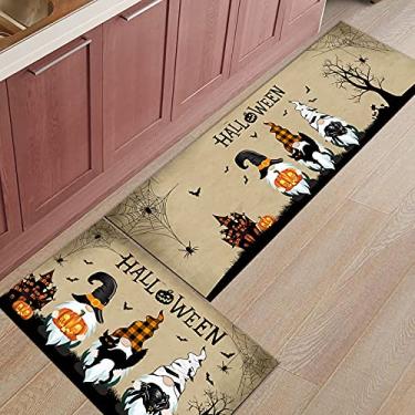 Imagem de Tapete de corredor de cozinha, gnomo de Halloween abóbora gato preto vintage castelo marrom antiderrapante tapete tapete de porta tapete para lavanderia, banheiro, quarto, conjunto de 2