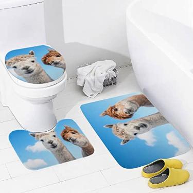 Imagem de Conjunto de tapetes de banheiro 3 peças Retrato de Alpacas Céu Azul Tapete de banheiro Lavável, Antiderrapante, Tapete de contorno e Tampa para banheiro