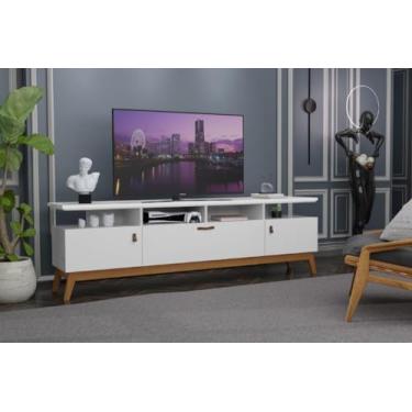 Imagem de Rack ABS 1.80m Estilo Retrô Com Pés em Madeira e Puxadores em Couro Para TV Até 70'' 3 Portas Cor Branco