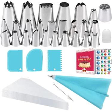Imagem de Conjunto de bicos de confeitaria, conjunto de decoração de bolos, bicos de confeitaria de aço inoxidável, saco de confeitaria de silicone reutilizável, adequado para bolos, cupcakes, biscoitos, doces, iniciantes
