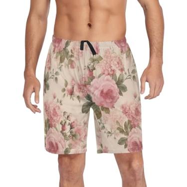 Imagem de CHIFIGNO Shorts de pijama masculino pijama curto macio calça de pijama com bolsos cordão, Rosas rosa retrô floral vintage, M